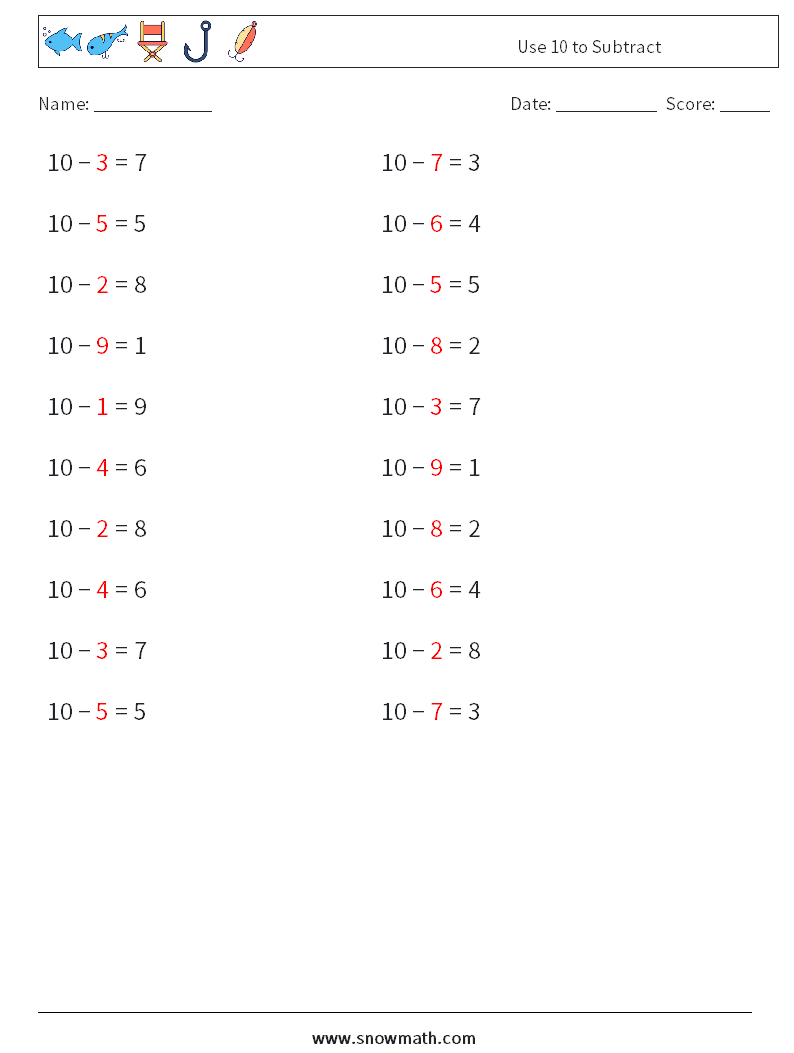 Use 10 to Subtract Math Worksheets 1 Question, Answer