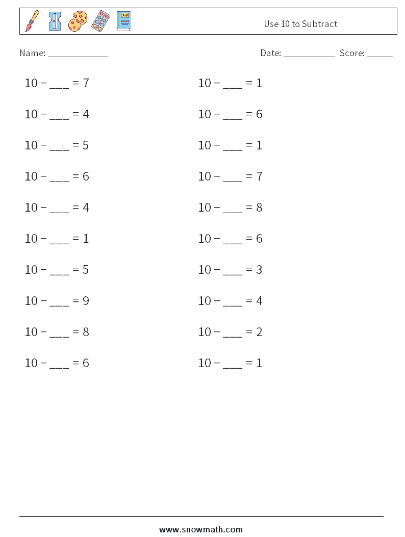 Use 10 to Subtract Math Worksheets 2