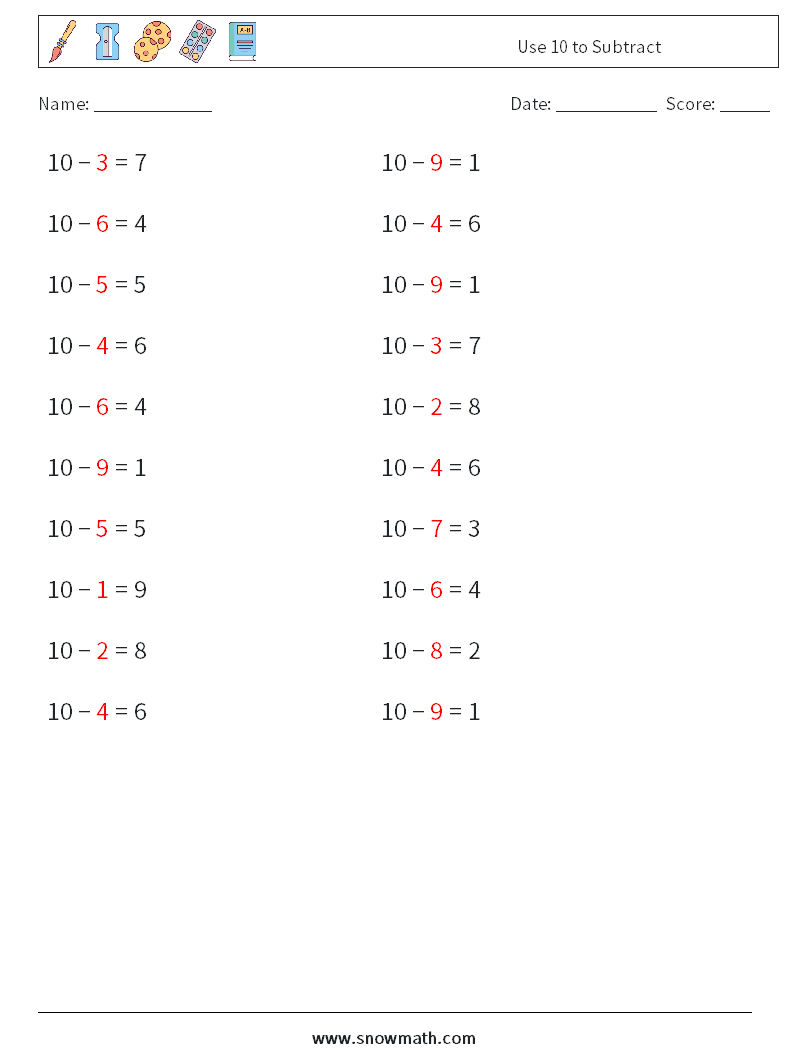 Use 10 to Subtract Math Worksheets 2 Question, Answer