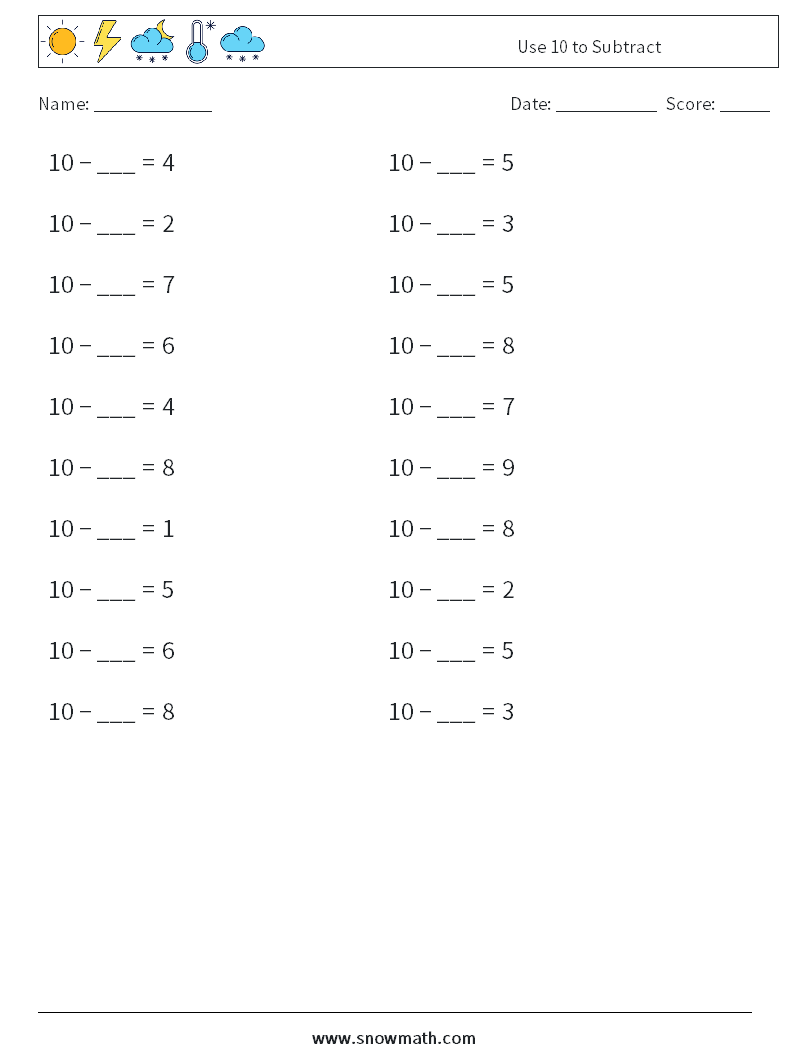 Use 10 to Subtract Math Worksheets 3