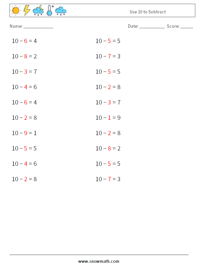 Use 10 to Subtract Math Worksheets 3 Question, Answer