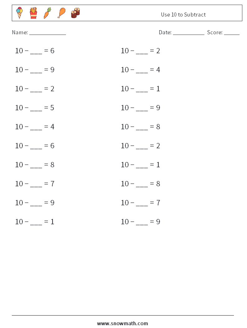 Use 10 to Subtract Math Worksheets 4