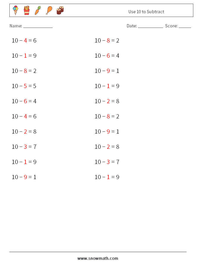 Use 10 to Subtract Math Worksheets 4 Question, Answer