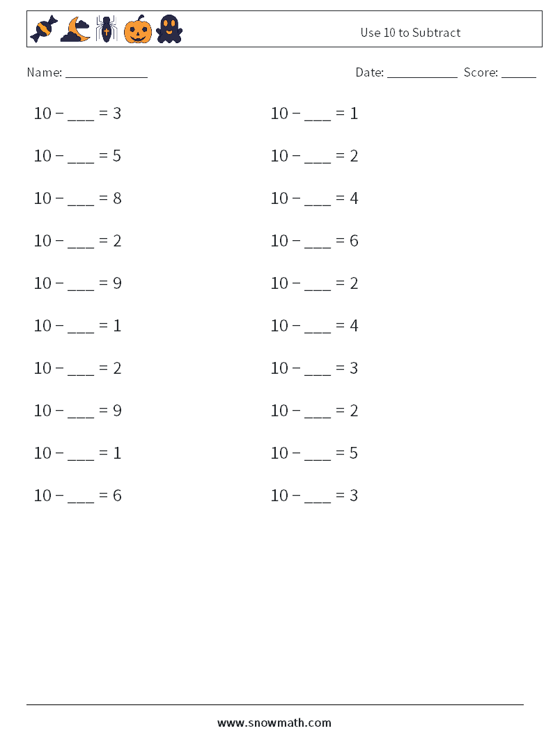 Use 10 to Subtract Math Worksheets 5