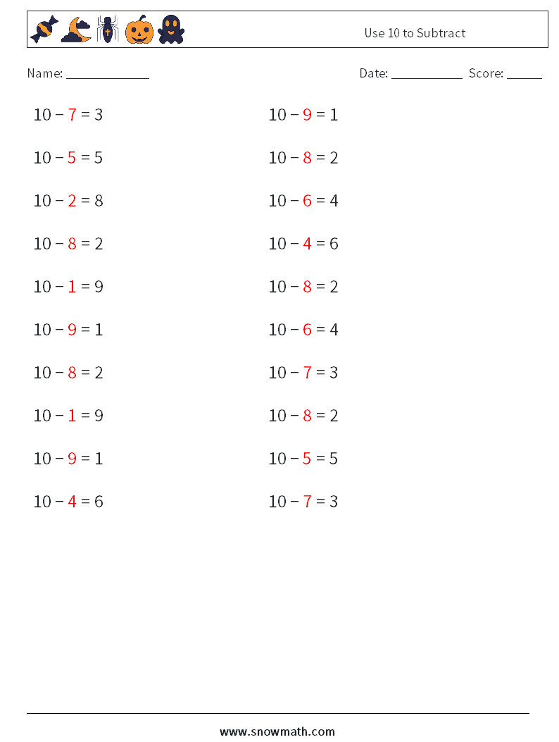 Use 10 to Subtract Math Worksheets 5 Question, Answer
