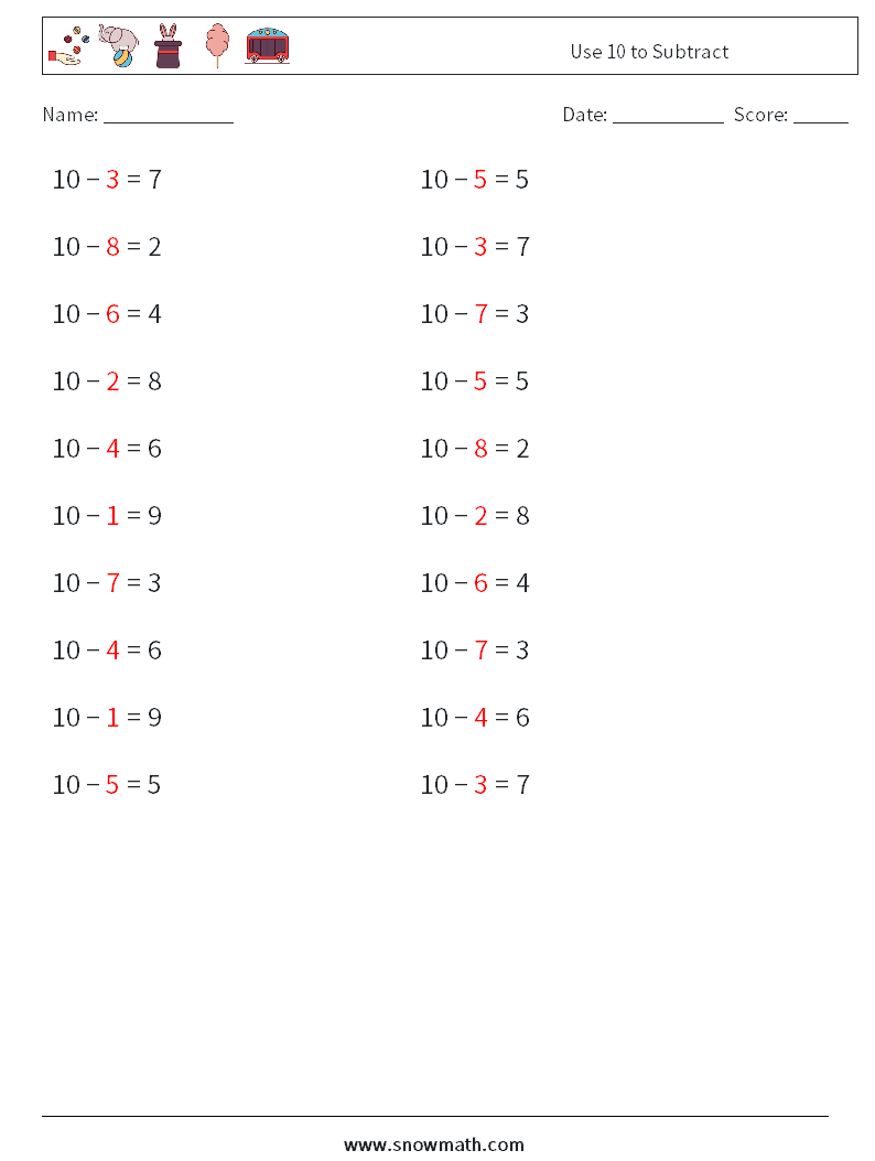 Use 10 to Subtract Math Worksheets 6 Question, Answer