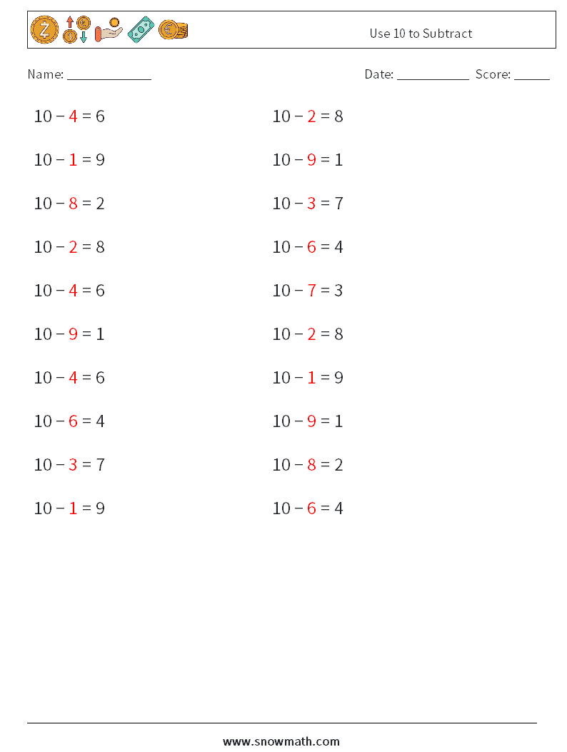 Use 10 to Subtract Math Worksheets 8 Question, Answer