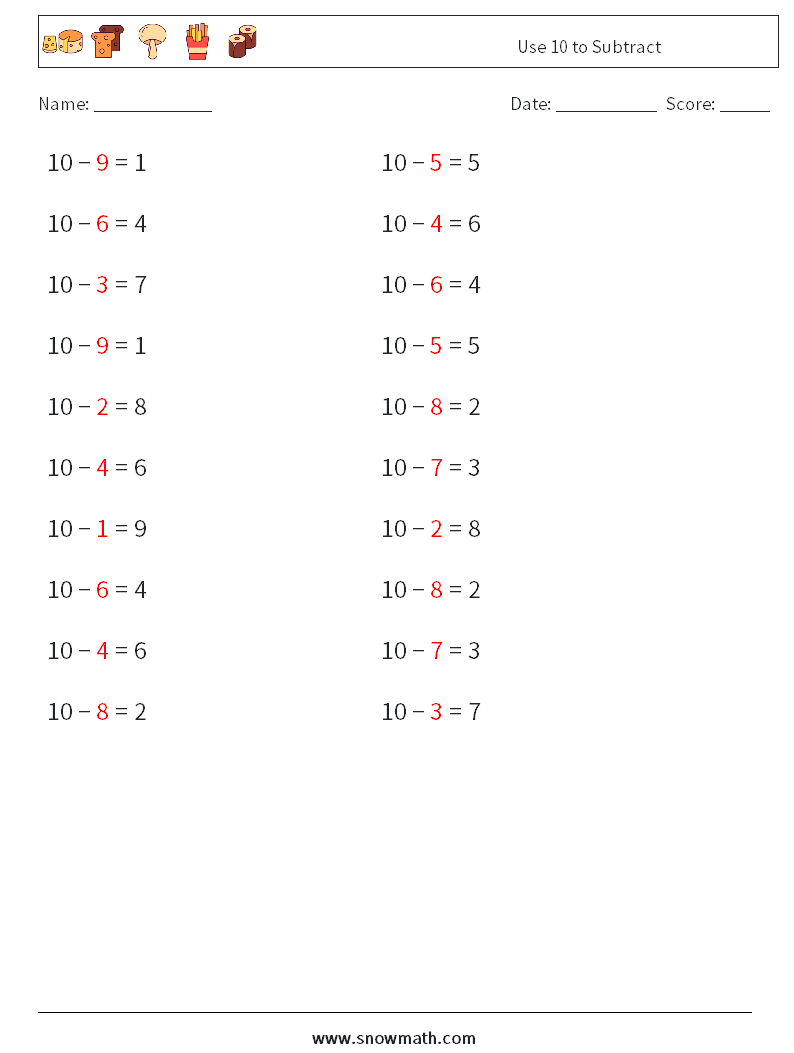 Use 10 to Subtract Math Worksheets 9 Question, Answer