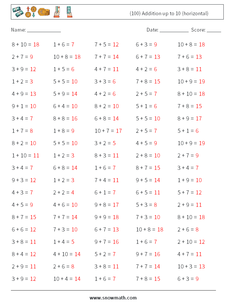 (100) Addition up to 10 (horizontal) Math Worksheets 1 Question, Answer