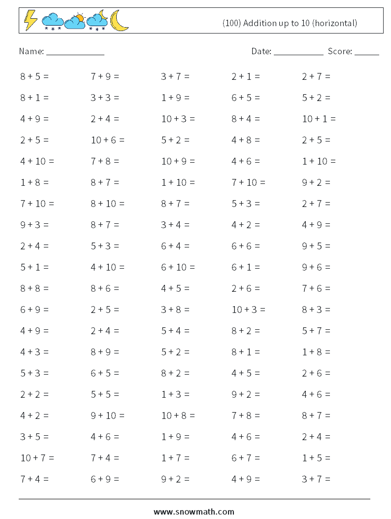 (100) Addition up to 10 (horizontal) Math Worksheets 2