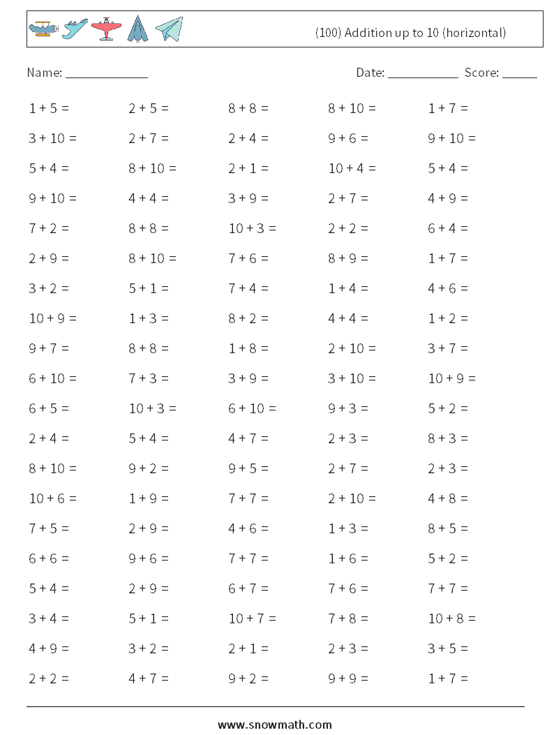 (100) Addition up to 10 (horizontal) Math Worksheets 3