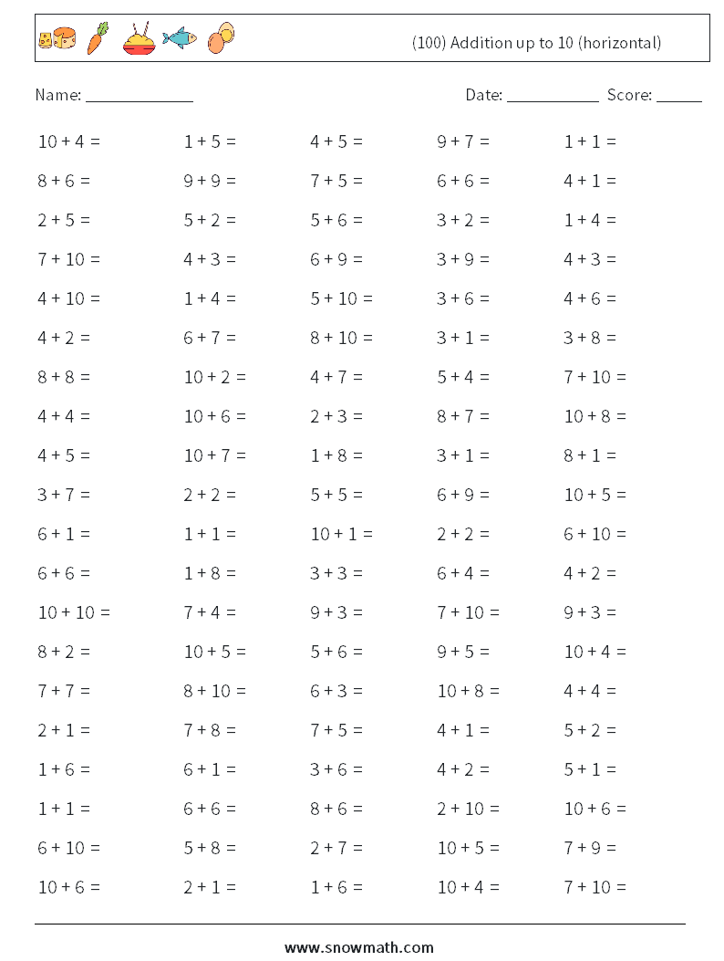 (100) Addition up to 10 (horizontal) Math Worksheets 4
