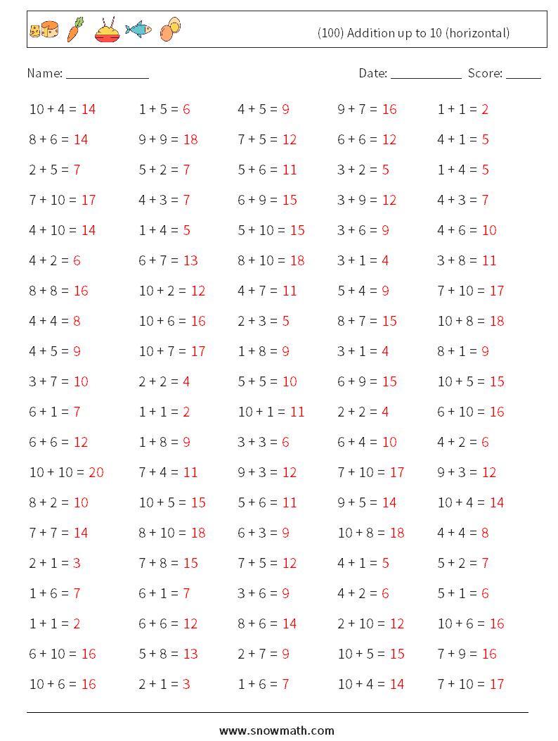 (100) Addition up to 10 (horizontal) Math Worksheets 4 Question, Answer