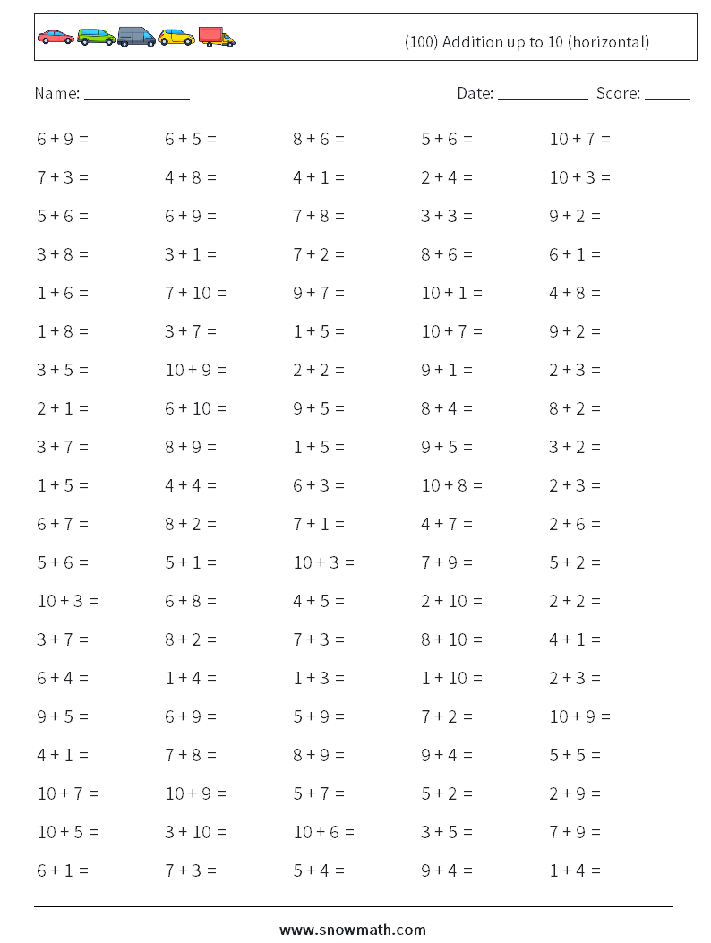 (100) Addition up to 10 (horizontal) Math Worksheets 5