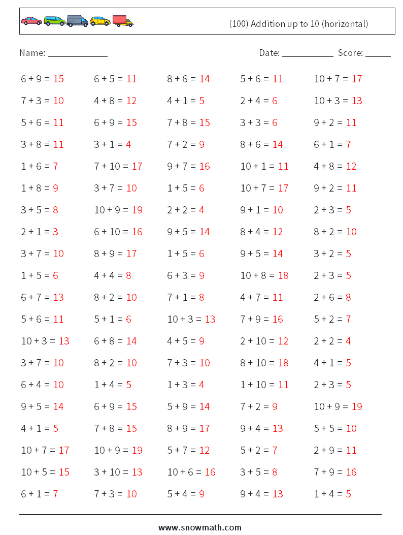 (100) Addition up to 10 (horizontal) Math Worksheets 5 Question, Answer