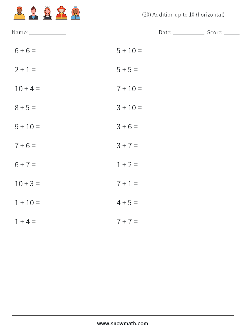 (20) Addition up to 10 (horizontal) Math Worksheets 1