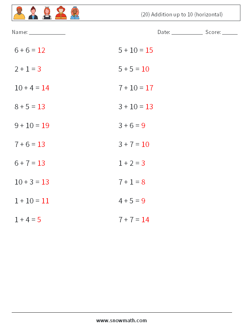 (20) Addition up to 10 (horizontal) Math Worksheets 1 Question, Answer