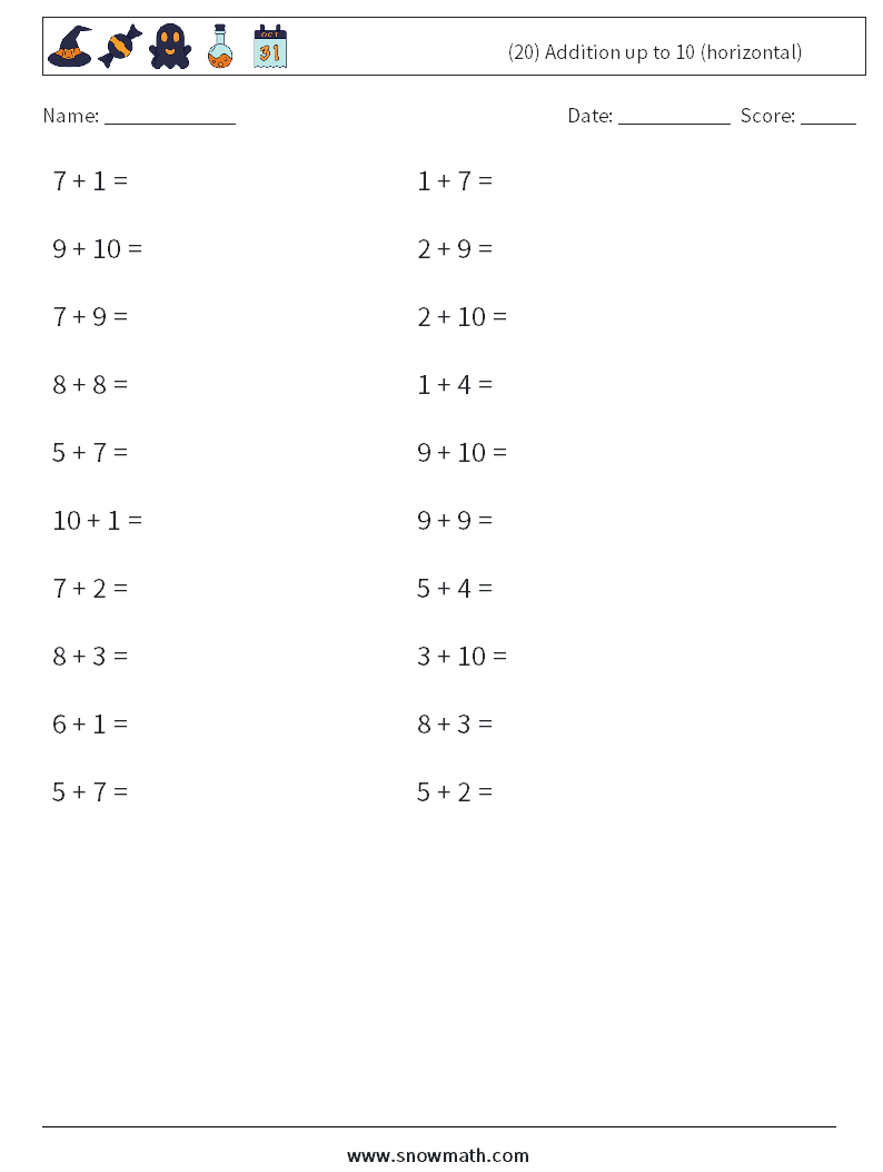 (20) Addition up to 10 (horizontal) Math Worksheets 2