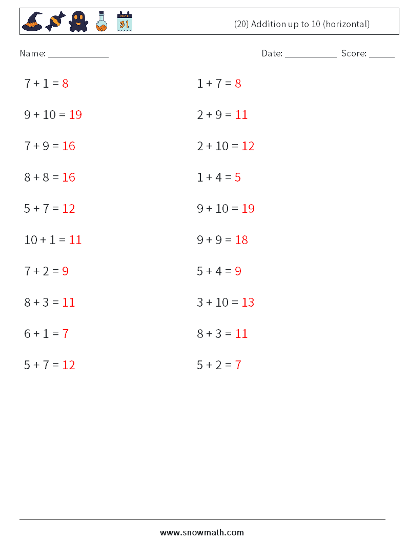 (20) Addition up to 10 (horizontal) Math Worksheets 2 Question, Answer