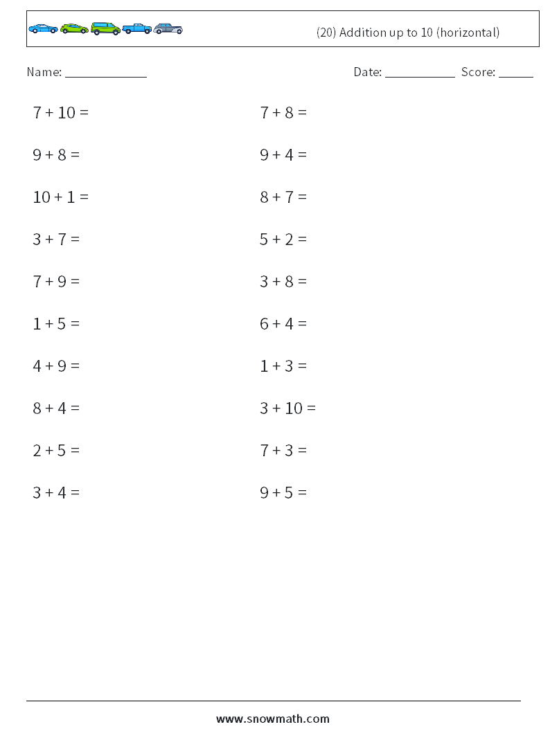 (20) Addition up to 10 (horizontal) Math Worksheets 3