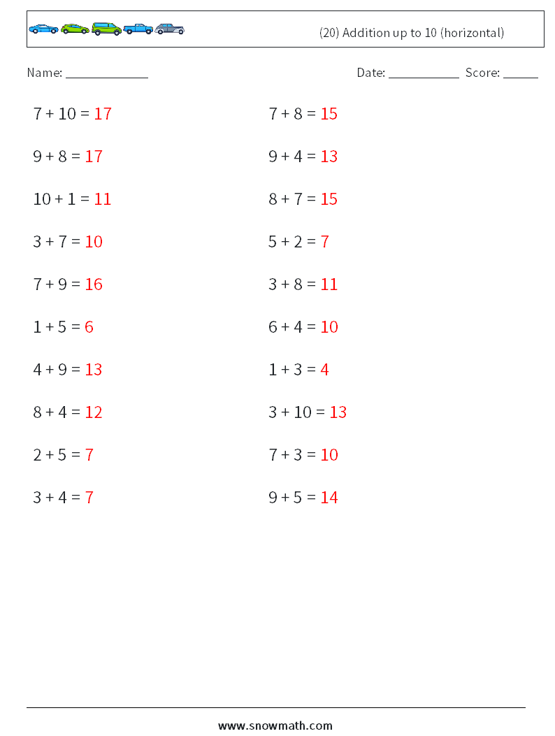 (20) Addition up to 10 (horizontal) Math Worksheets 3 Question, Answer
