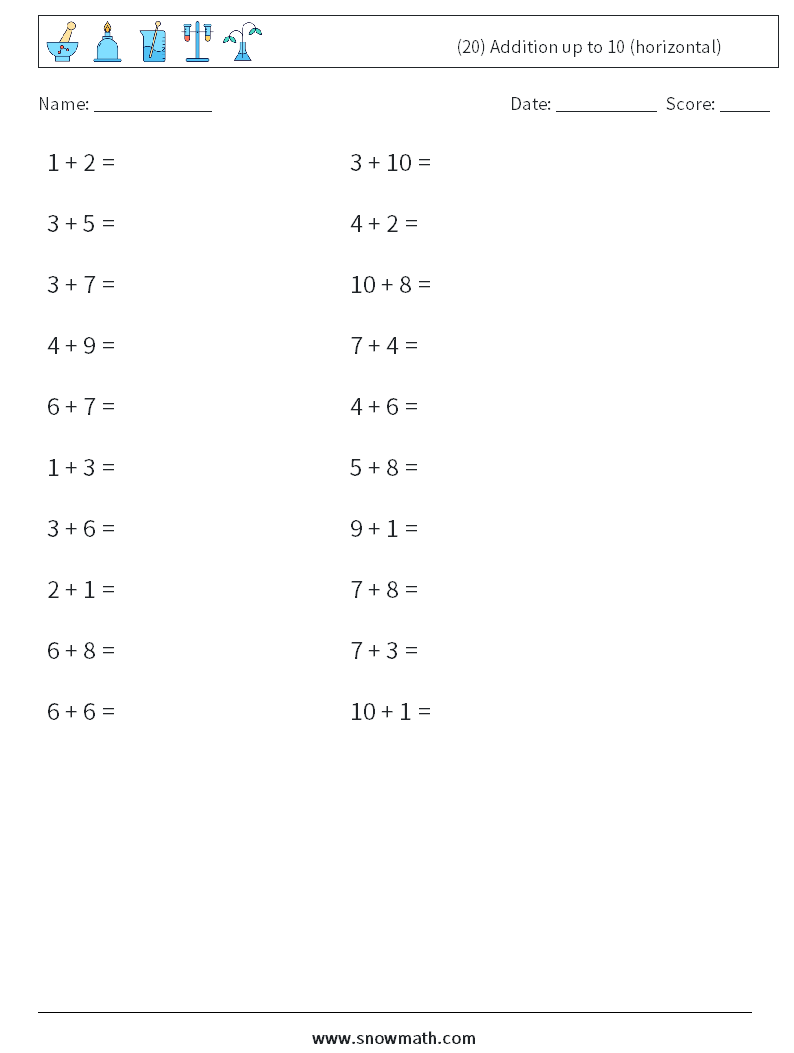 (20) Addition up to 10 (horizontal) Math Worksheets 4