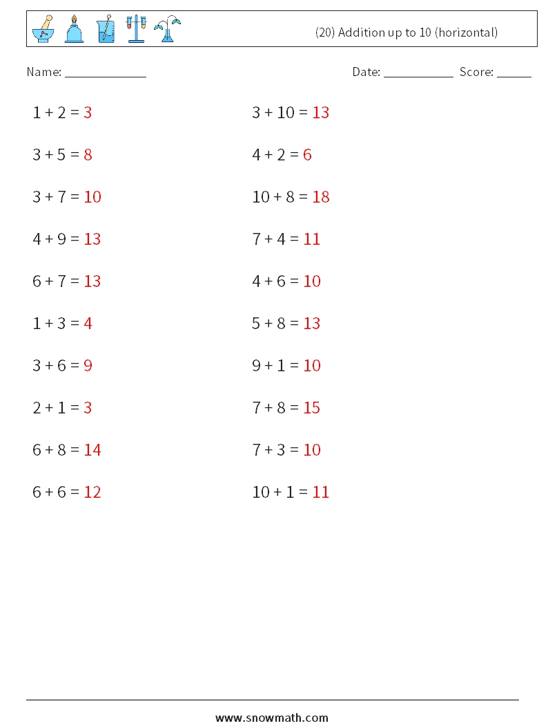 (20) Addition up to 10 (horizontal) Math Worksheets 4 Question, Answer