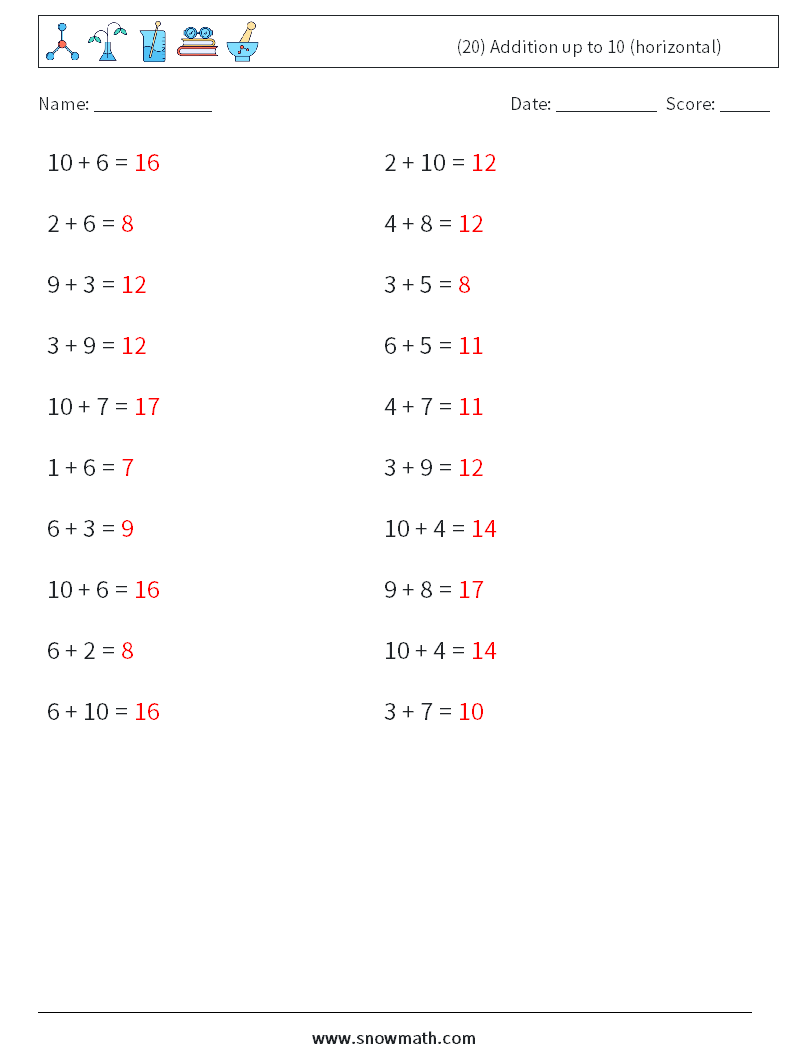 (20) Addition up to 10 (horizontal) Math Worksheets 5 Question, Answer