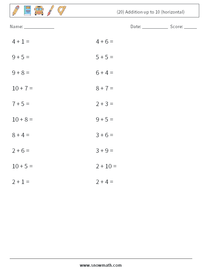 (20) Addition up to 10 (horizontal) Math Worksheets 6