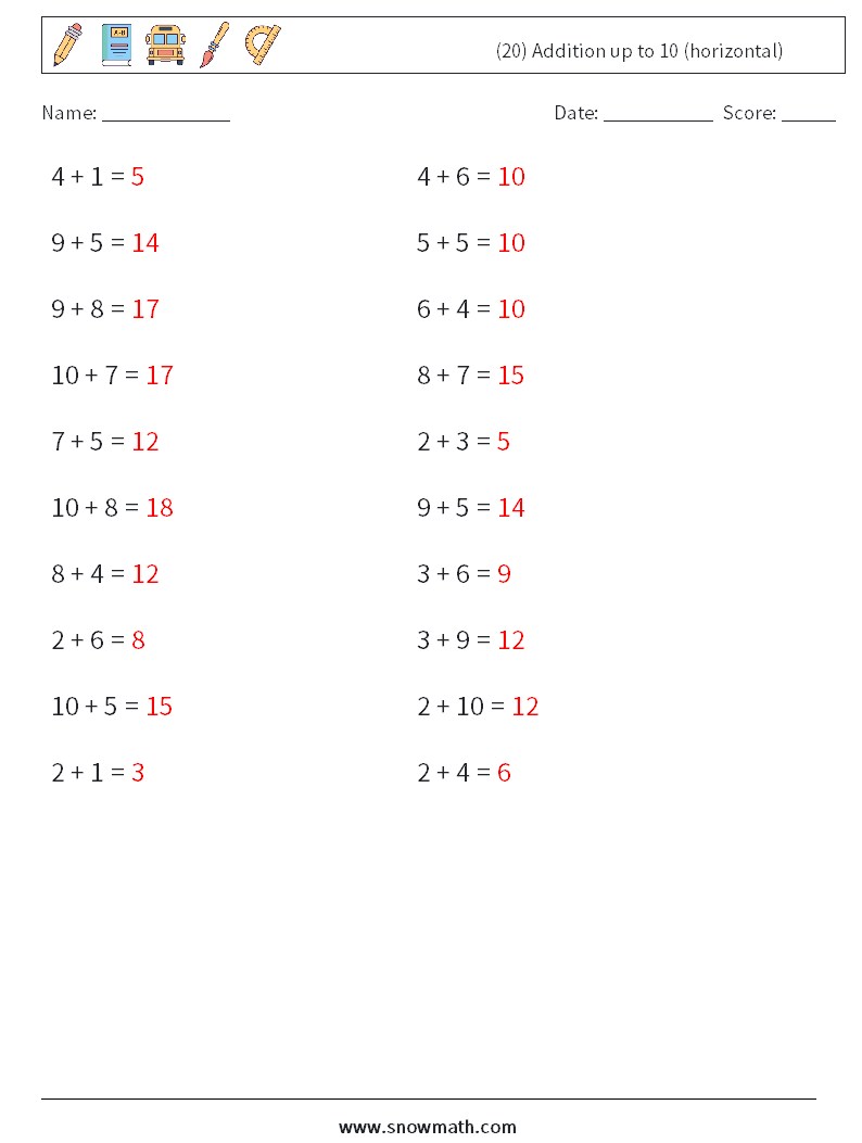 (20) Addition up to 10 (horizontal) Math Worksheets 6 Question, Answer