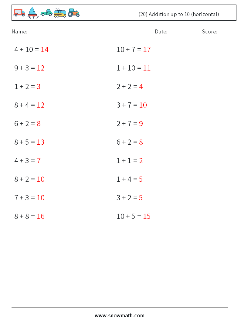 (20) Addition up to 10 (horizontal) Math Worksheets 7 Question, Answer