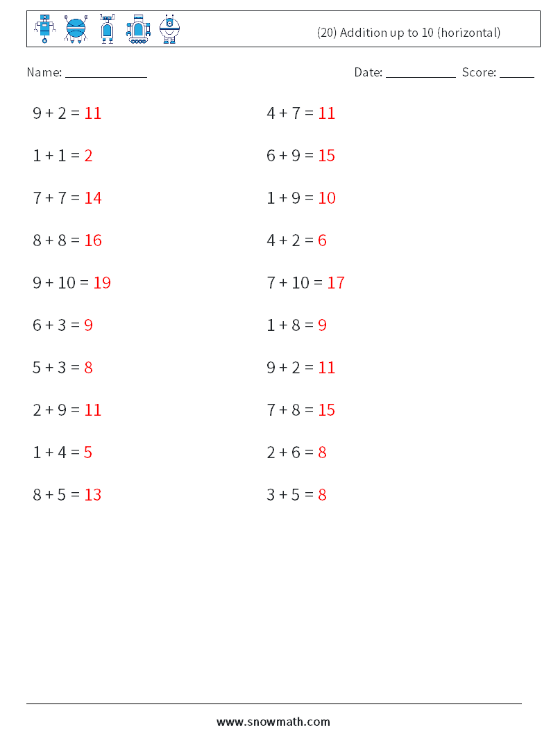 (20) Addition up to 10 (horizontal) Math Worksheets 8 Question, Answer