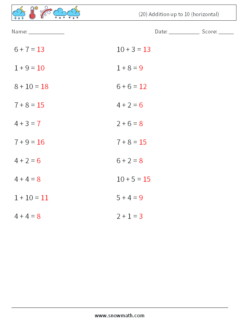 (20) Addition up to 10 (horizontal) Math Worksheets 9 Question, Answer