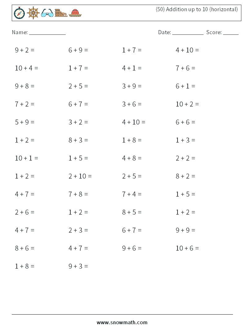 (50) Addition up to 10 (horizontal) Math Worksheets 1