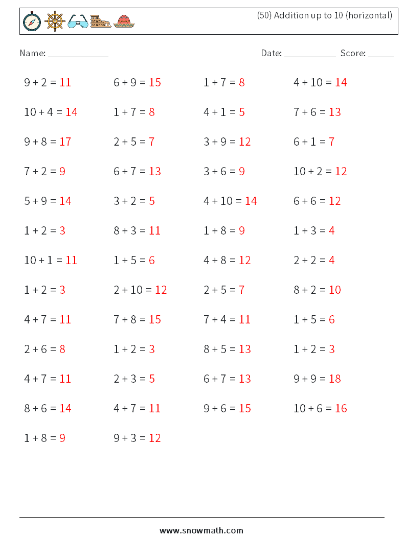 (50) Addition up to 10 (horizontal) Math Worksheets 1 Question, Answer