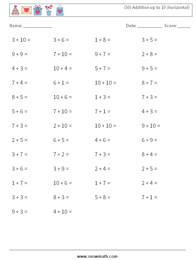 (50) Addition up to 10 (horizontal) Math Worksheets 2