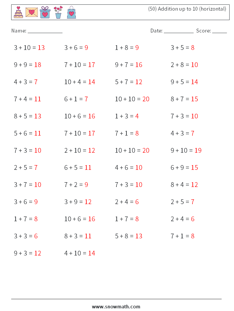 (50) Addition up to 10 (horizontal) Math Worksheets 2 Question, Answer