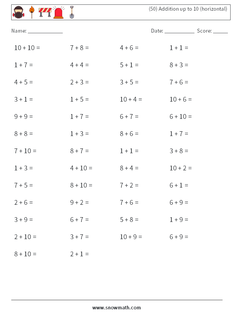 (50) Addition up to 10 (horizontal) Math Worksheets 3