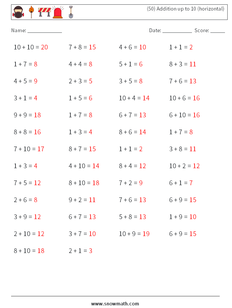 (50) Addition up to 10 (horizontal) Math Worksheets 3 Question, Answer