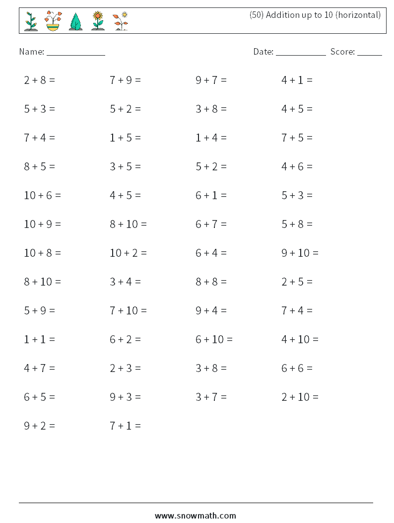 (50) Addition up to 10 (horizontal) Math Worksheets 4