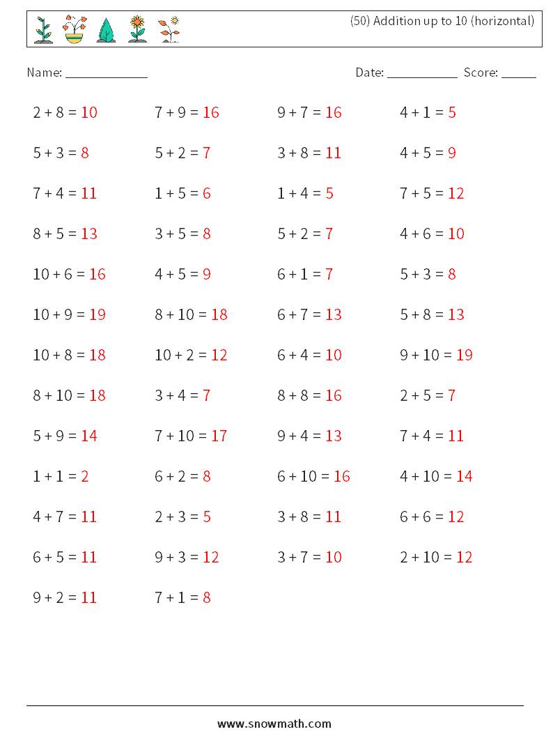(50) Addition up to 10 (horizontal) Math Worksheets 4 Question, Answer