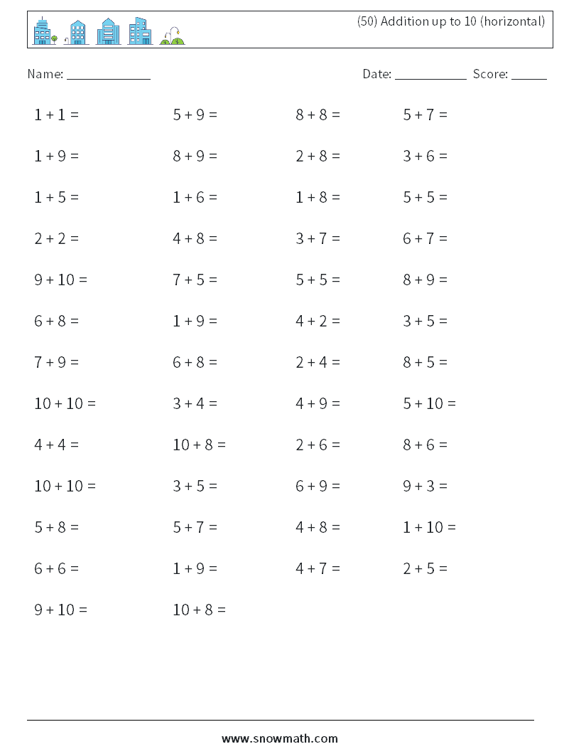 (50) Addition up to 10 (horizontal) Math Worksheets 5