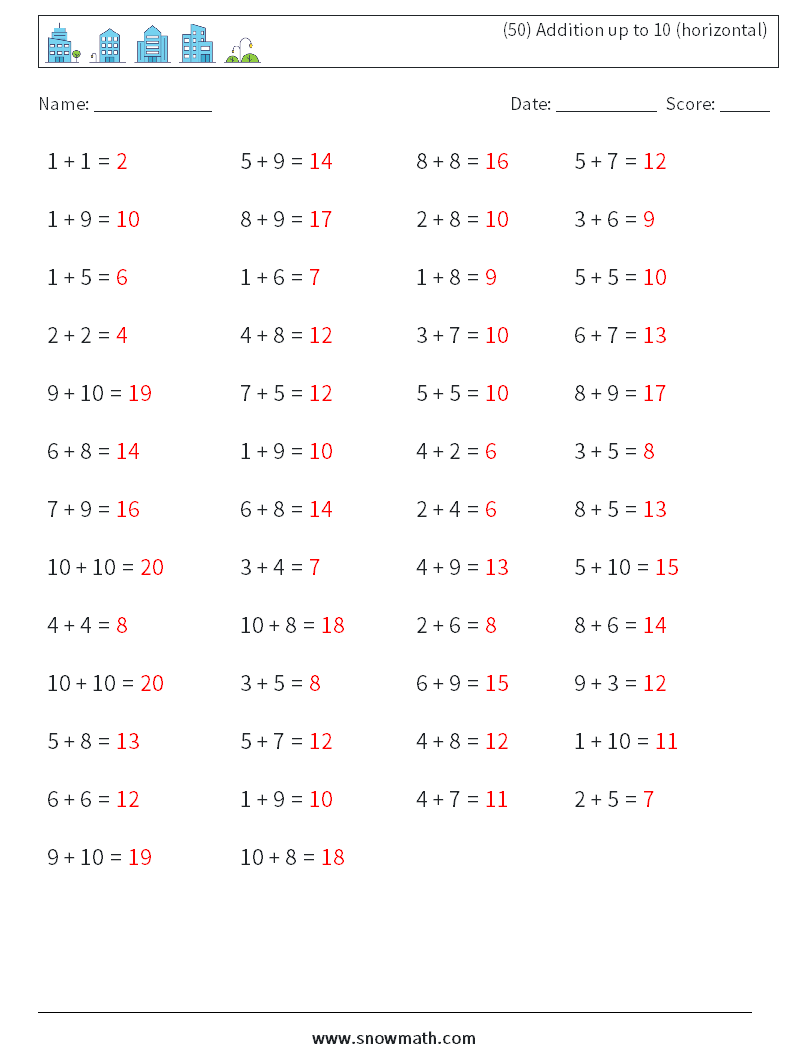 (50) Addition up to 10 (horizontal) Math Worksheets 5 Question, Answer