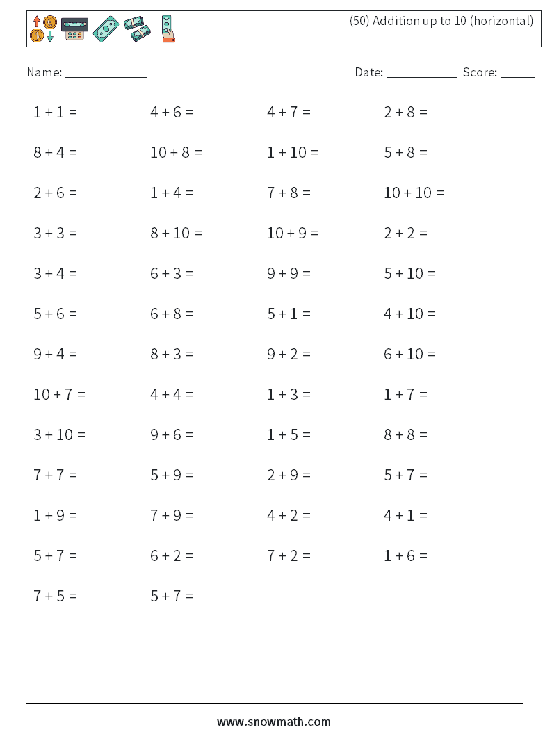 (50) Addition up to 10 (horizontal) Math Worksheets 6