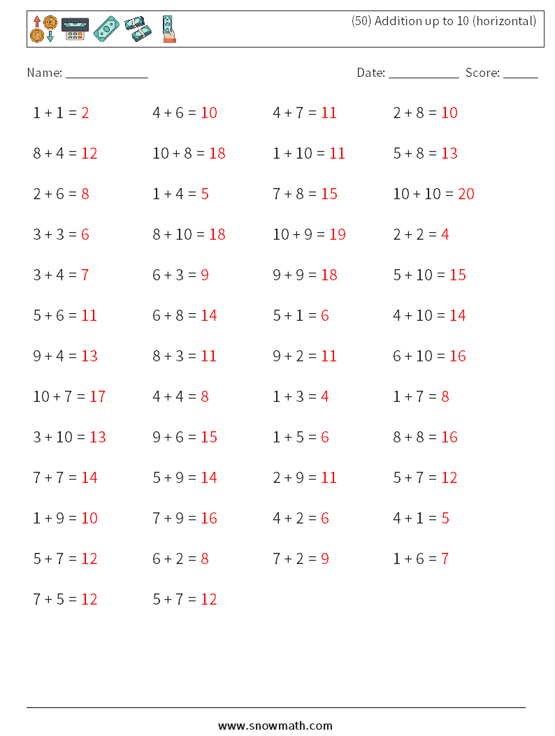 (50) Addition up to 10 (horizontal) Math Worksheets 6 Question, Answer