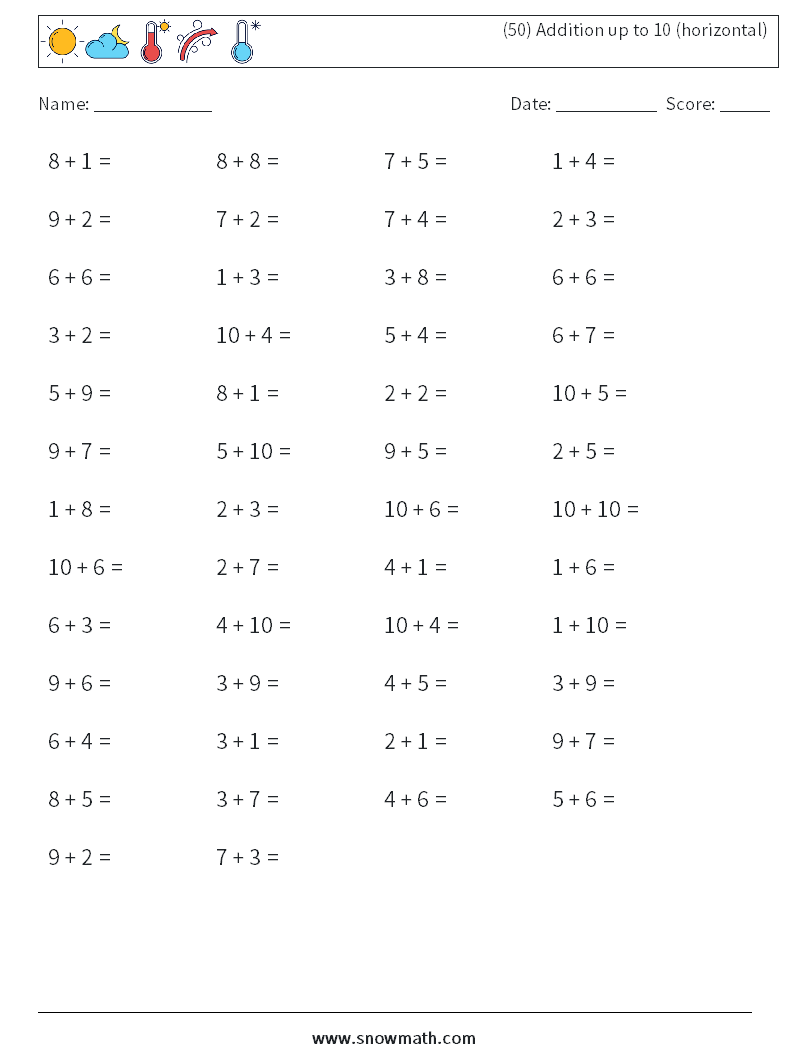 (50) Addition up to 10 (horizontal) Math Worksheets 7