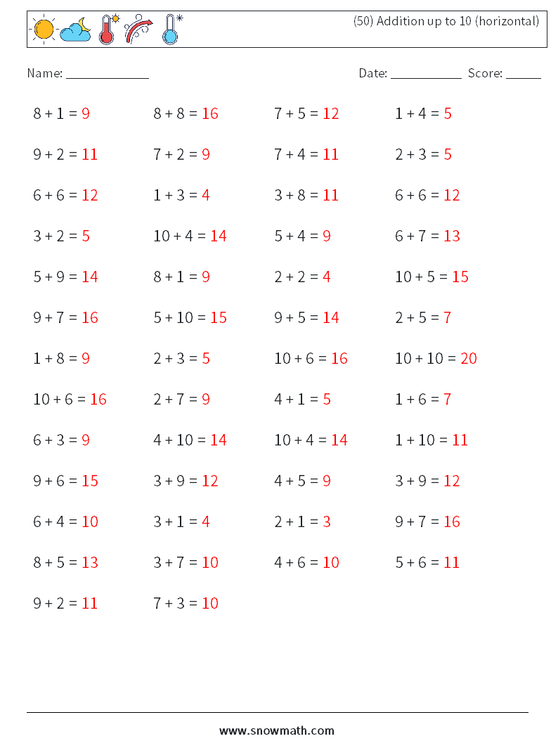 (50) Addition up to 10 (horizontal) Math Worksheets 7 Question, Answer
