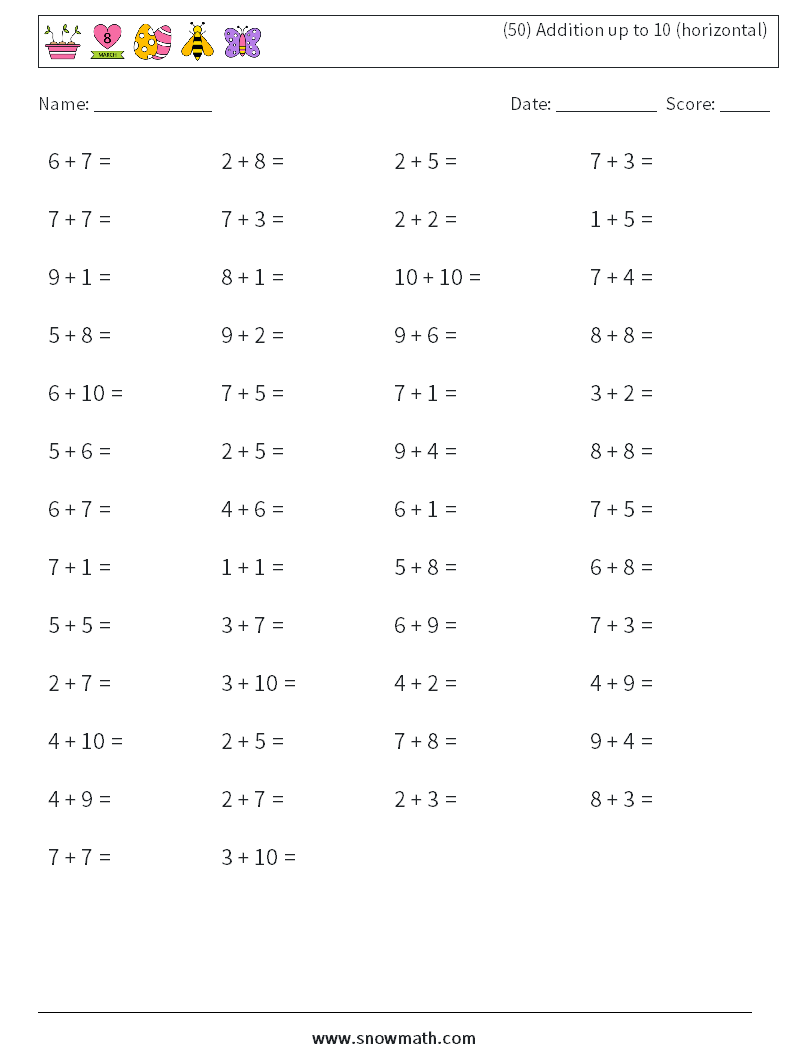(50) Addition up to 10 (horizontal) Math Worksheets 8