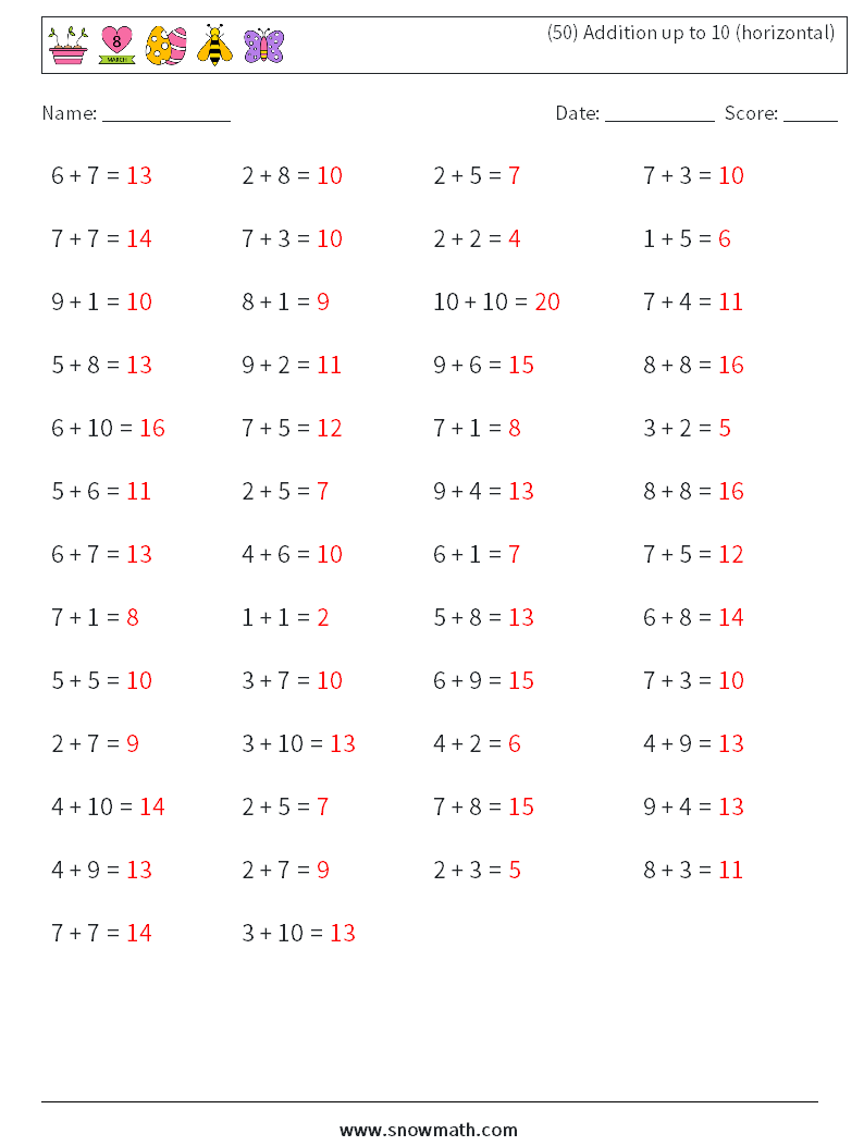 (50) Addition up to 10 (horizontal) Math Worksheets 8 Question, Answer