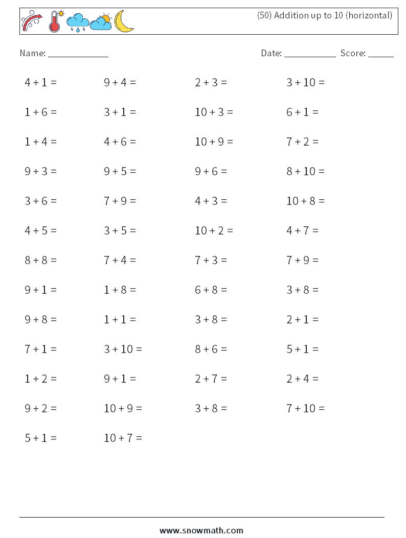 (50) Addition up to 10 (horizontal) Math Worksheets 9